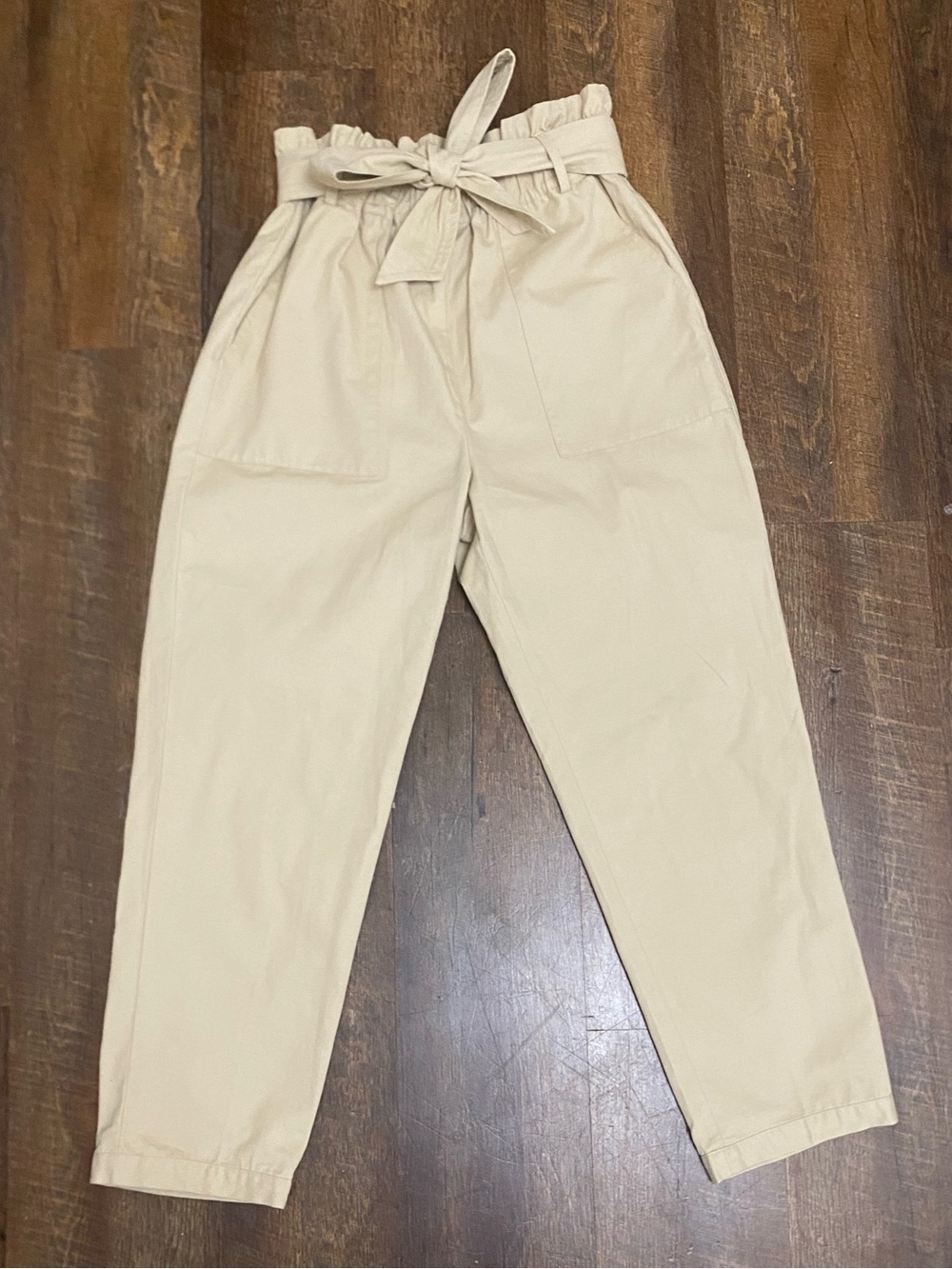 Steve Madden Beige Solid Paperbag Pants Women's 4 Cotton Twill High Rise Tie